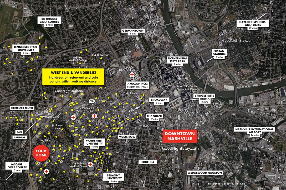 A vibrant view looking over the West End and Vanderbilt area, with glimpses of downtown Nashville and a lively stretch of cafes and restaurants. People are seen exploring local dining options, attending events, and strolling through green spaces like Bicentennial Park.